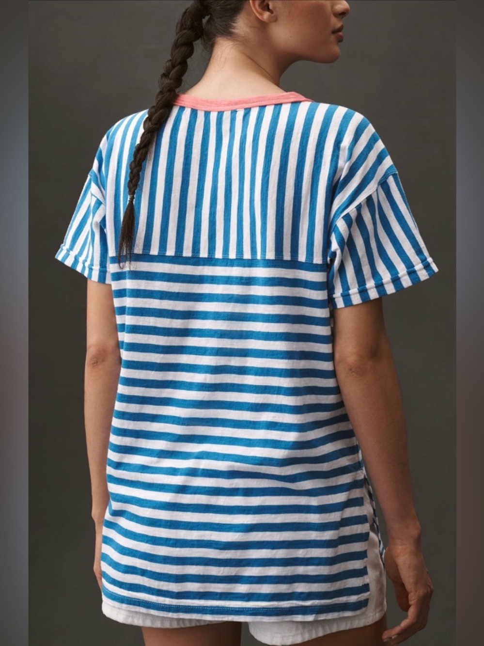Pilcro The Jordyn Cotton Slub Crew Neck Oversized Tee -Blue, White, Pink - x-lg - Picture 2 of 12